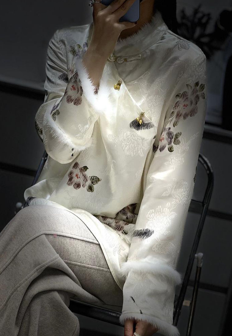 Retro luxury silk jacquard stitching mink shirt top CA010610