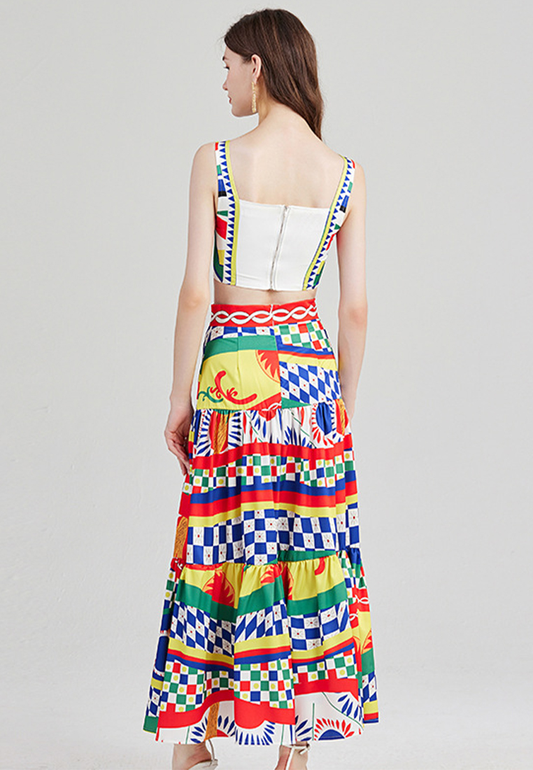 Printed panelled bandeau slip skirt set A021910