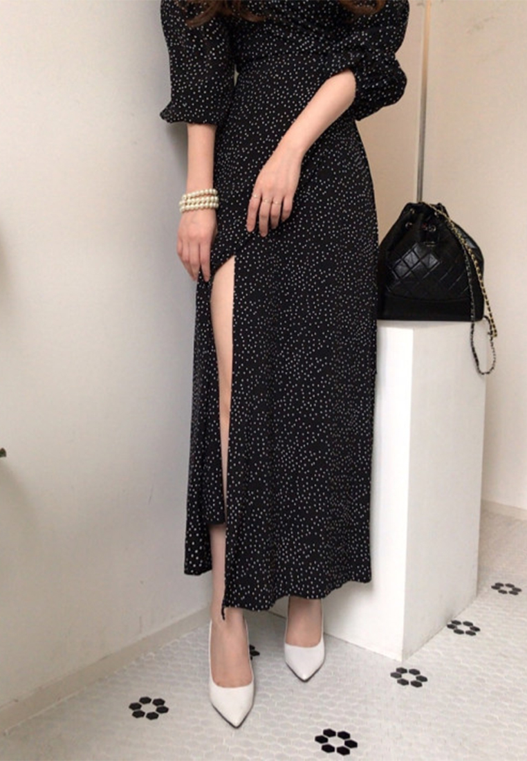 Elegant Strap Bubble Sleeve Long Dress CA25032710BK