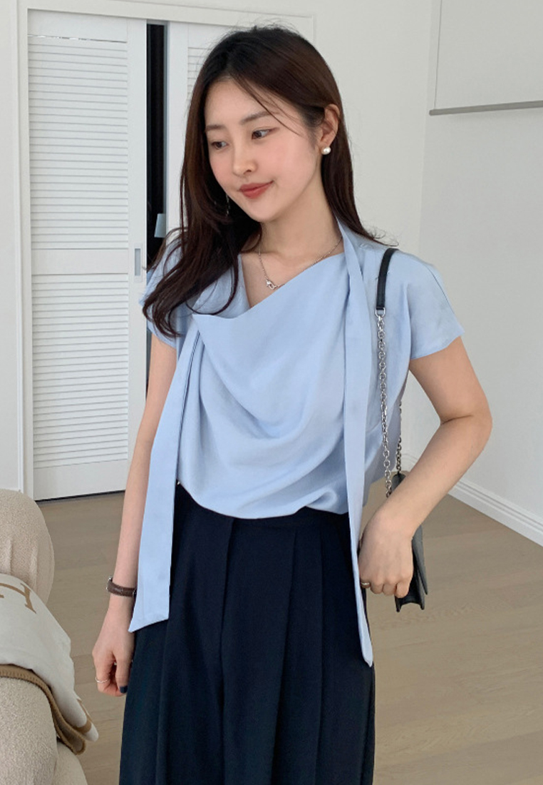 New Elegant Ribbon Loose Satin Top CA25042910BL