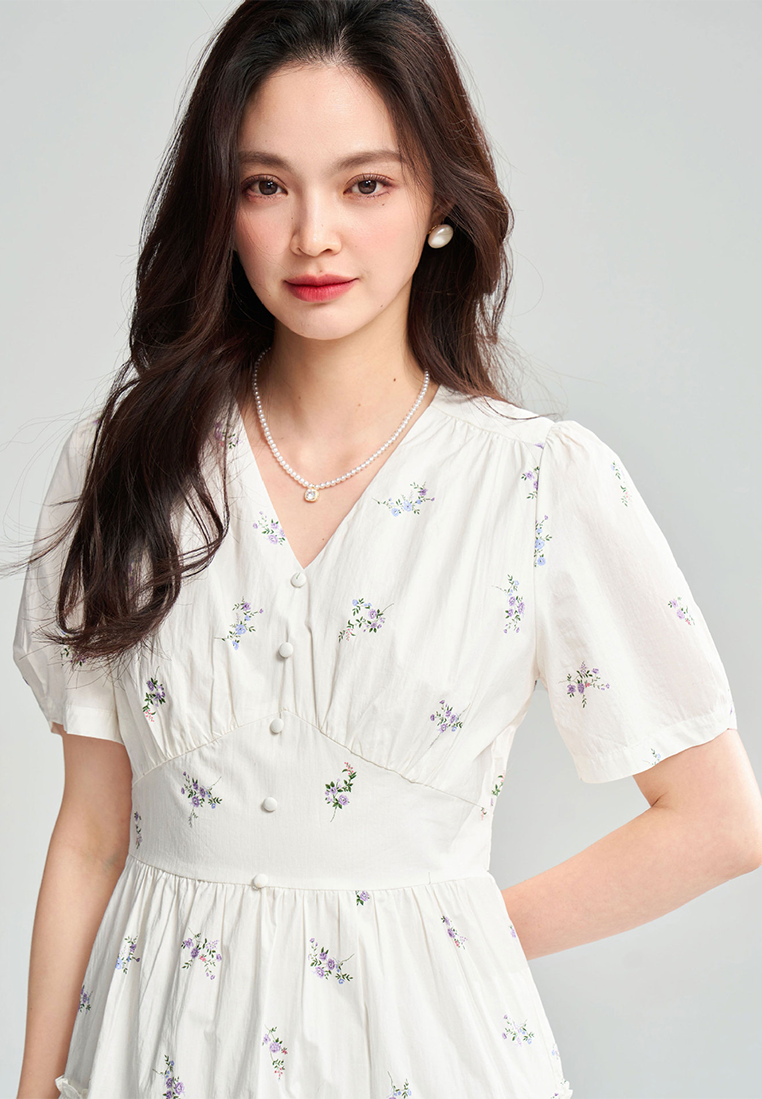 French white pure cotton printed V-neck short-sleeved floral dress CA25052910W