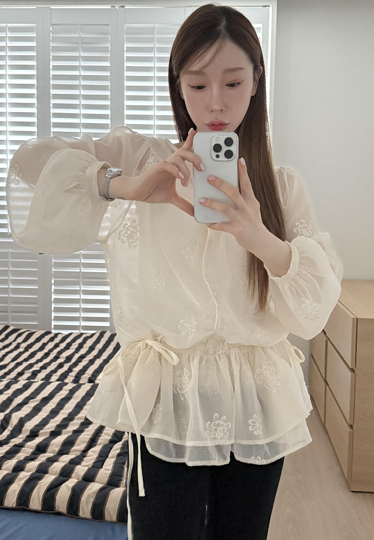 Early Fall Korean Chic Embroidered Lantern Sleeve Tie Shirt CA25090210BE