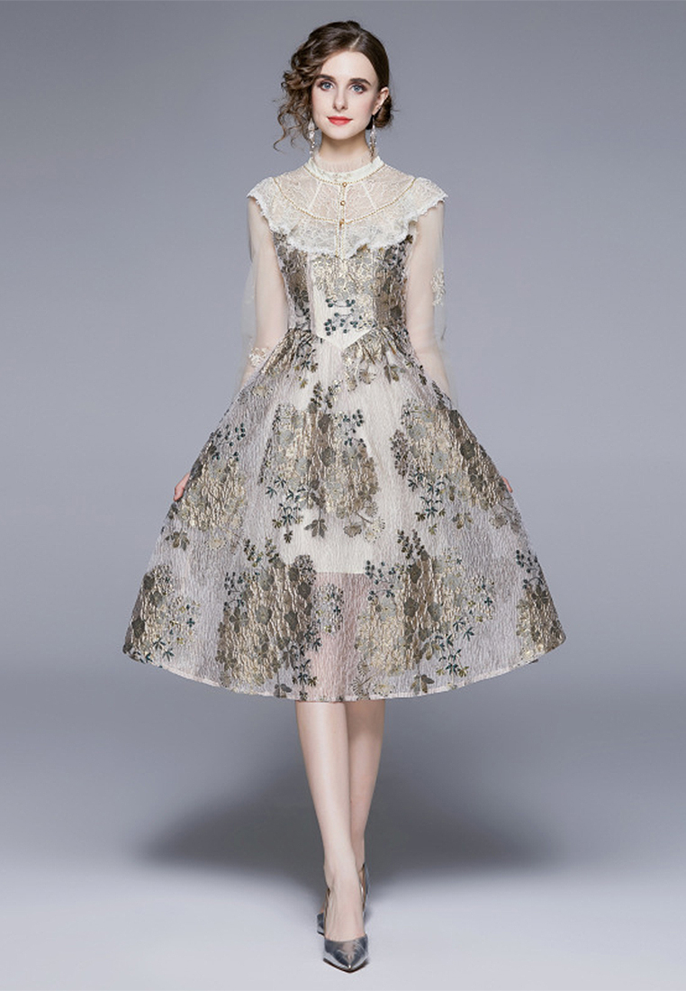 Elegant Long Sleeve Printed Lace Mesh Dress CA100510