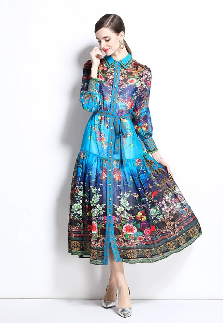 Vintage lantern sleeve printed dress CA25031210BL