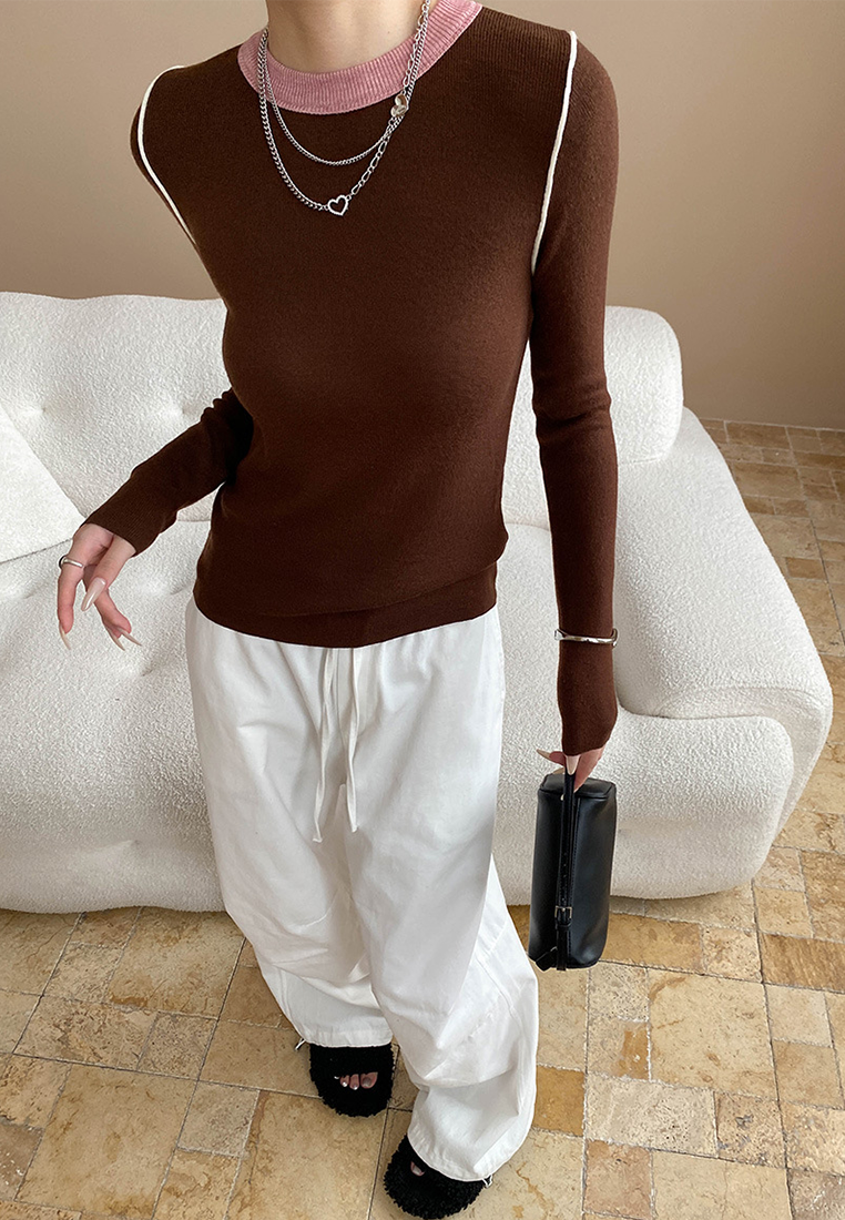 Autumn contrast color straight shoulder slim bottoming sweater CA25092510-1
