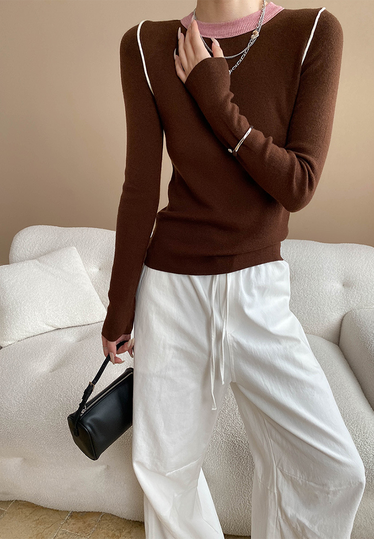 Autumn contrast color straight shoulder slim bottoming sweater CA25092510-1