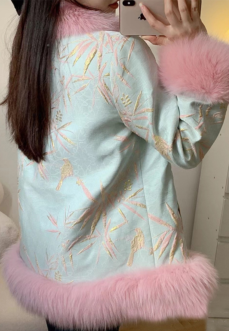 Palace style fox fur down jacket plate button embroidered fur jacket CA122710PI