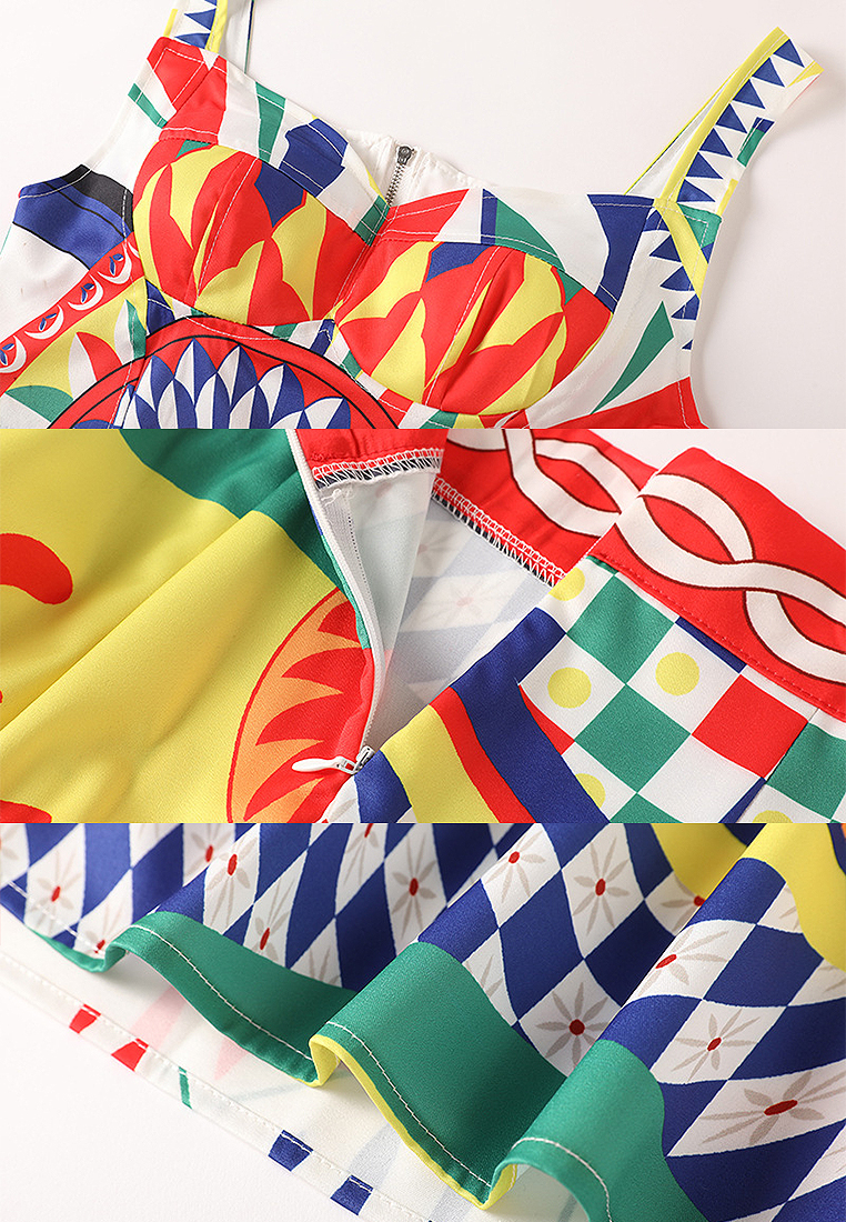 Printed panelled bandeau slip skirt set A021910