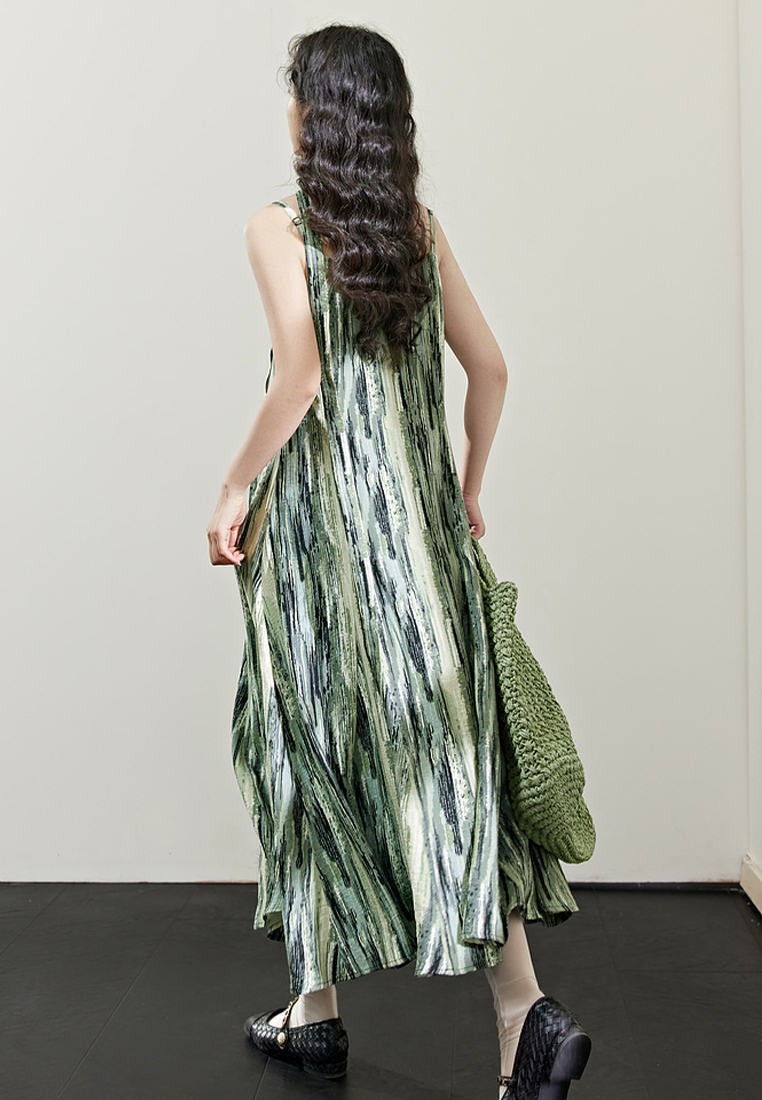 Striped suspenders green V-neck dress CA24030710