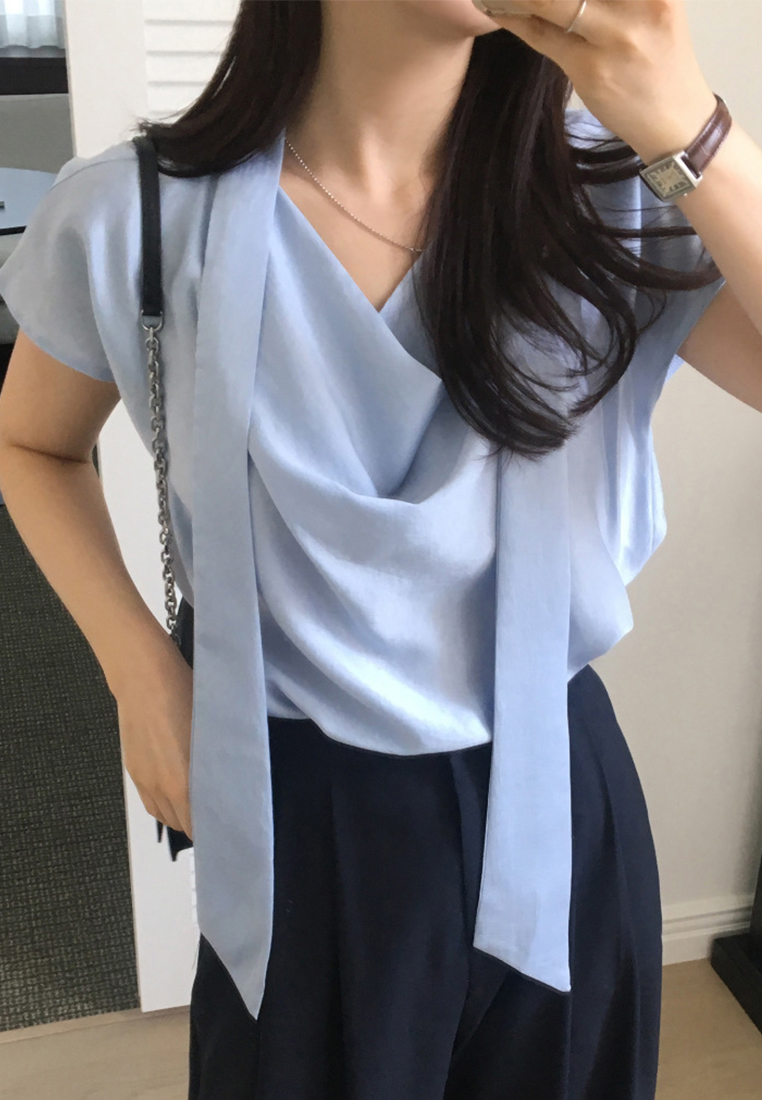 New Elegant Ribbon Loose Satin Top CA25042910BL