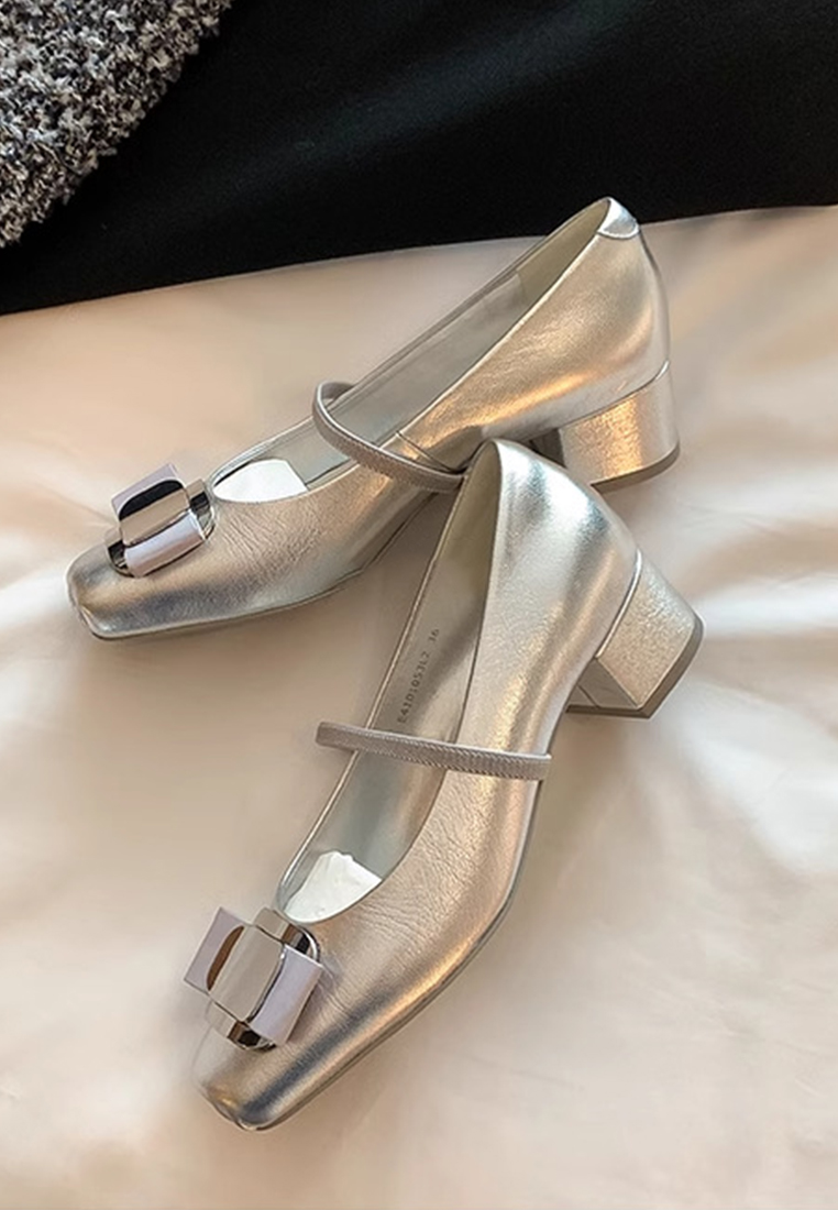 New genuine leather square toe bow thick heel Mary Jane shoes CA225042210BK