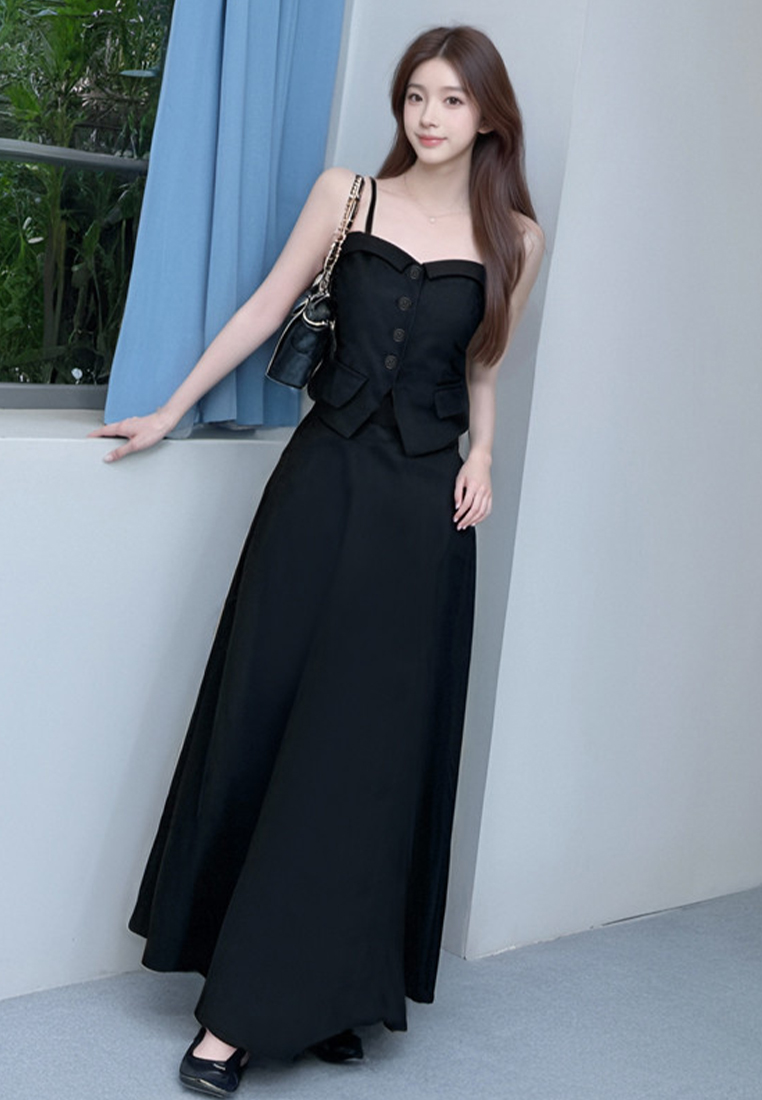 New waisted camisole top + high waisted mid-length skirt two-piece set CA25060310BK