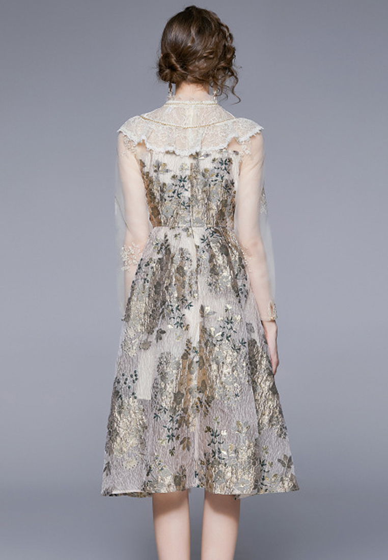 Elegant Long Sleeve Printed Lace Mesh Dress CA100510