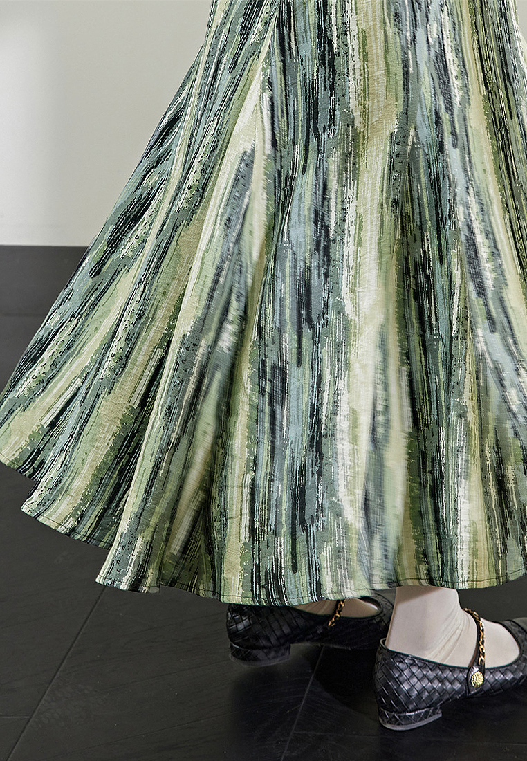 Striped suspenders green V-neck dress CA24030710