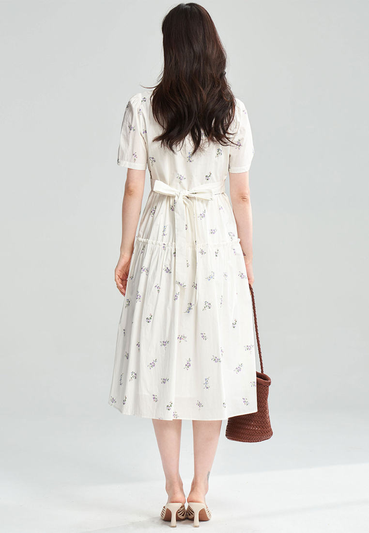 French white pure cotton printed V-neck short-sleeved floral dress CA25052910W
