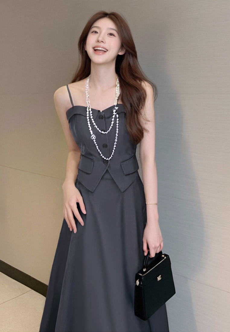 New waisted camisole top + high waisted mid-length skirt two-piece set CA25060310BK