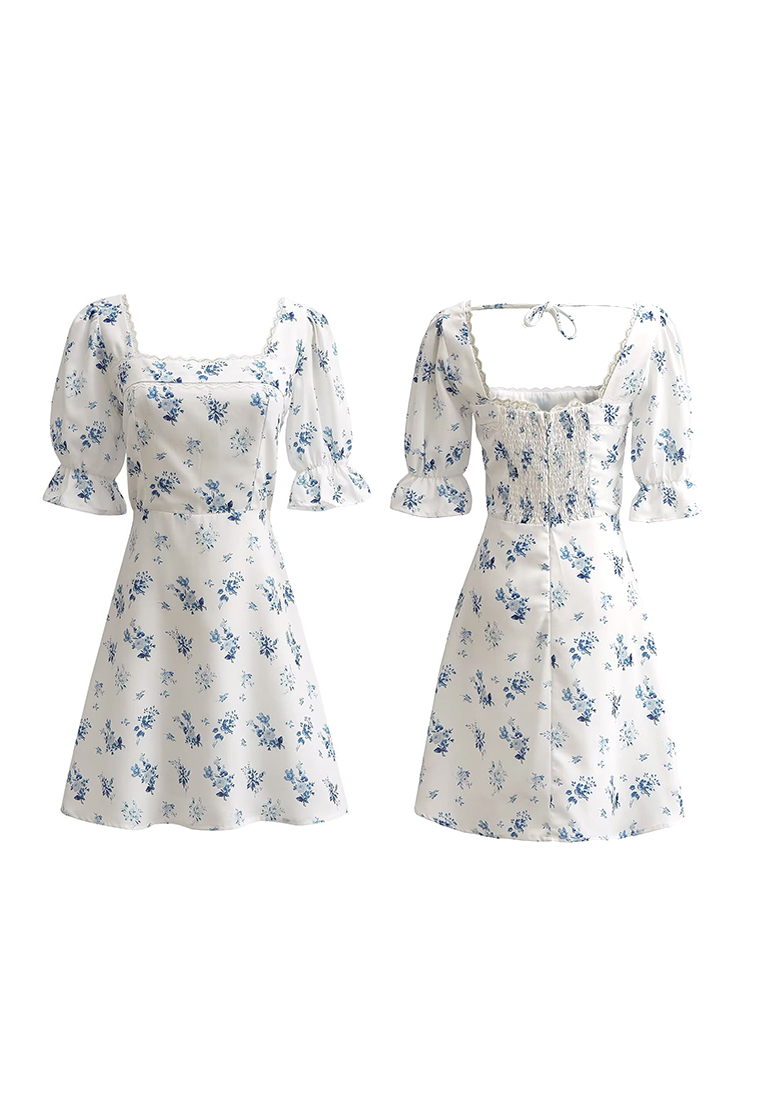 French Retro Resort Square Neck Linen Short Sleeve Dress CA25061710W