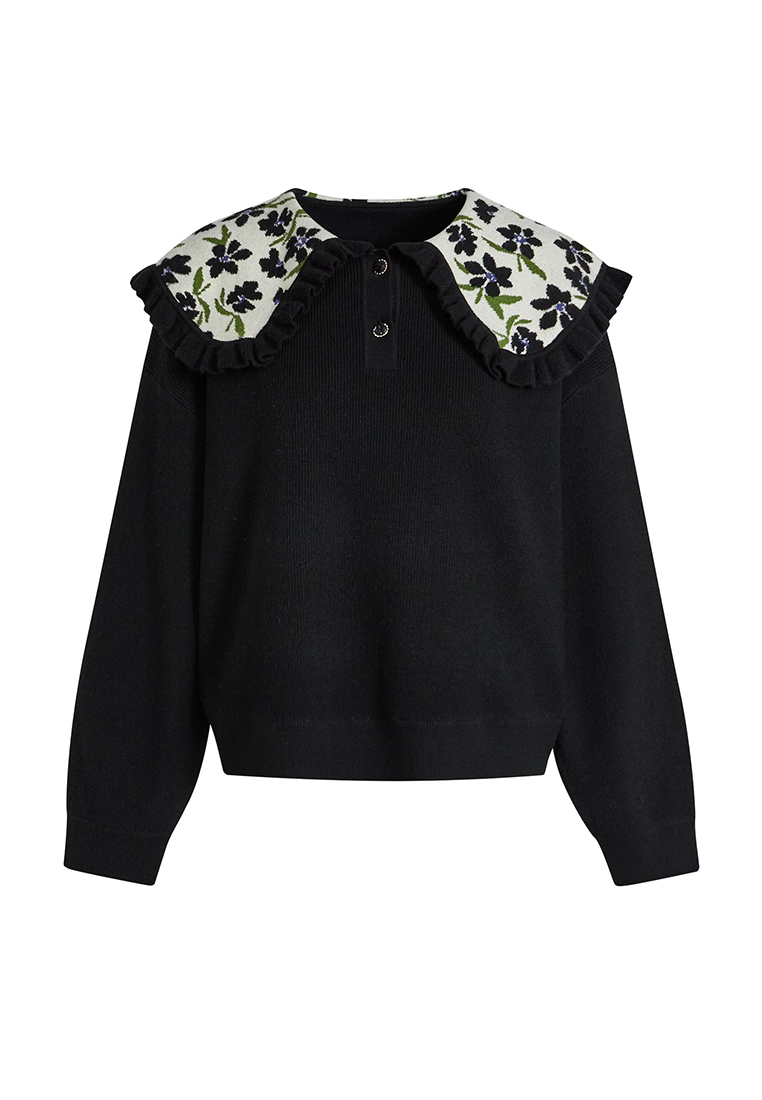Floral large lapel sweater for women black knitted sweater CA120410