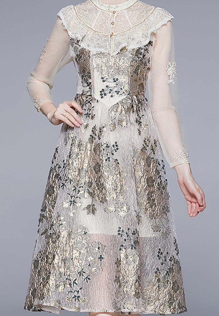 Elegant Long Sleeve Printed Lace Mesh Dress CA100510