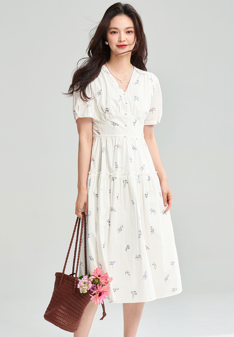 French white pure cotton printed V-neck short-sleeved floral dress CA25052910W
