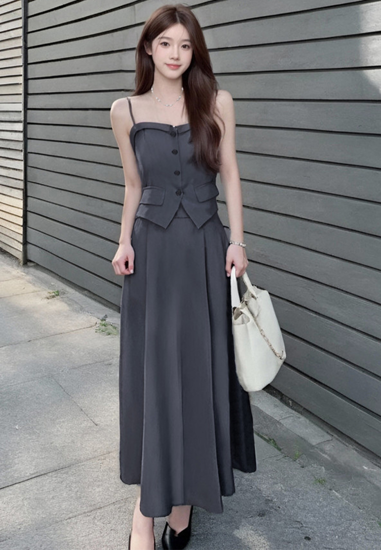 New waisted camisole top + high waisted mid-length skirt two-piece set CA25060310BK