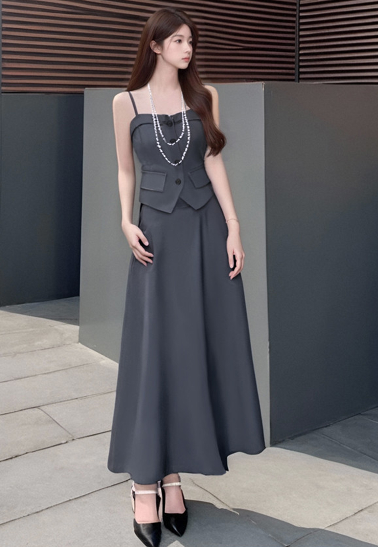 New waisted camisole top + high waisted mid-length skirt two-piece set CA25060310BK