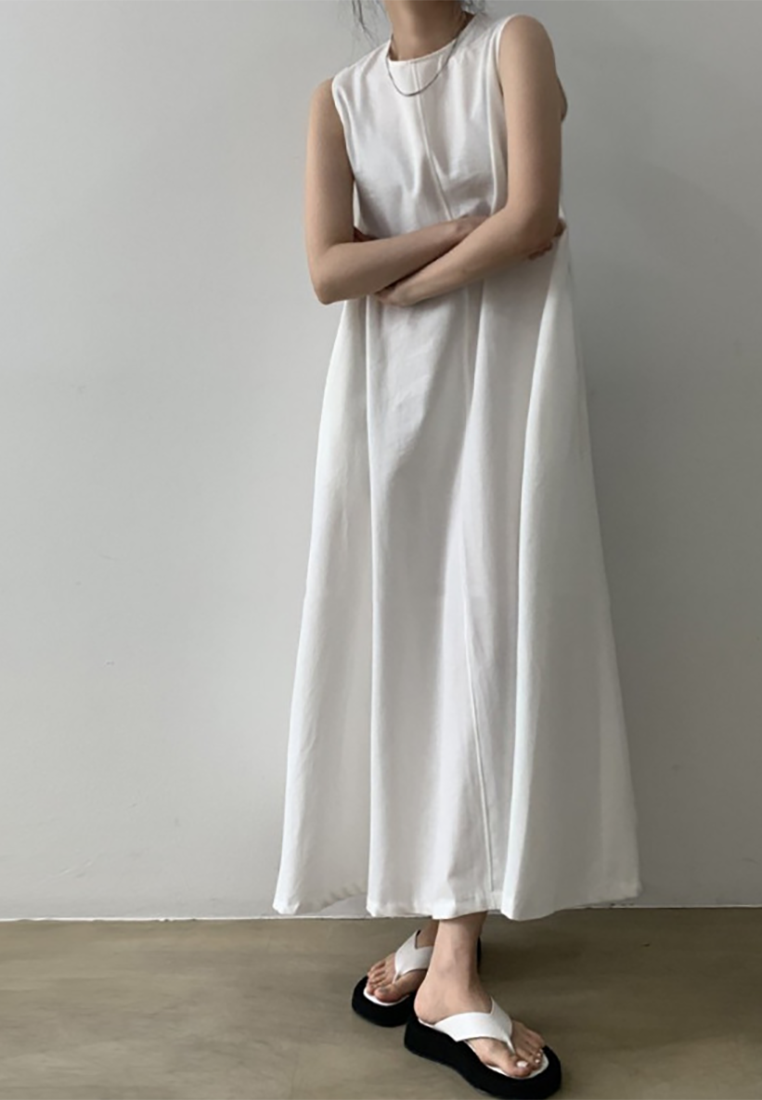 Korean chic cotton and linen loose sleeveless A-line vest dress CA25070931BW