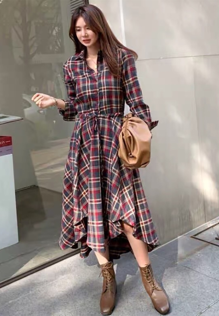 New elegant long-sleeved plaid dress CA25091539