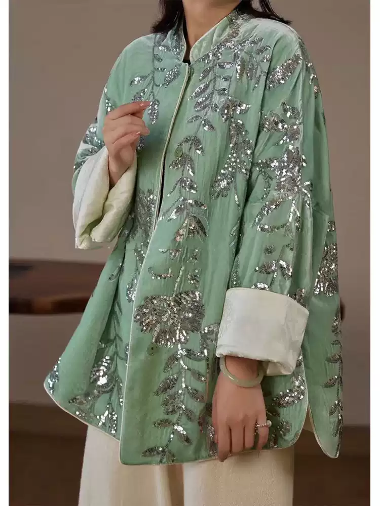 New Retro Elegant sequin embroidery green velvet jacket K26012002