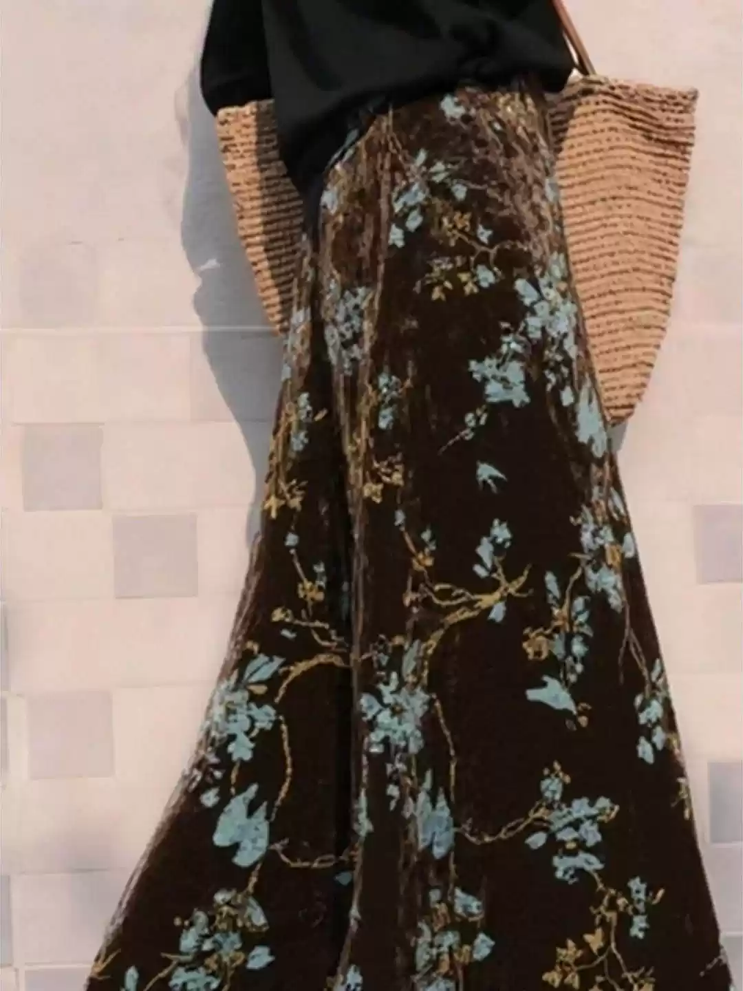 New Retro Brown printed velvet midi skirt for women K26012011