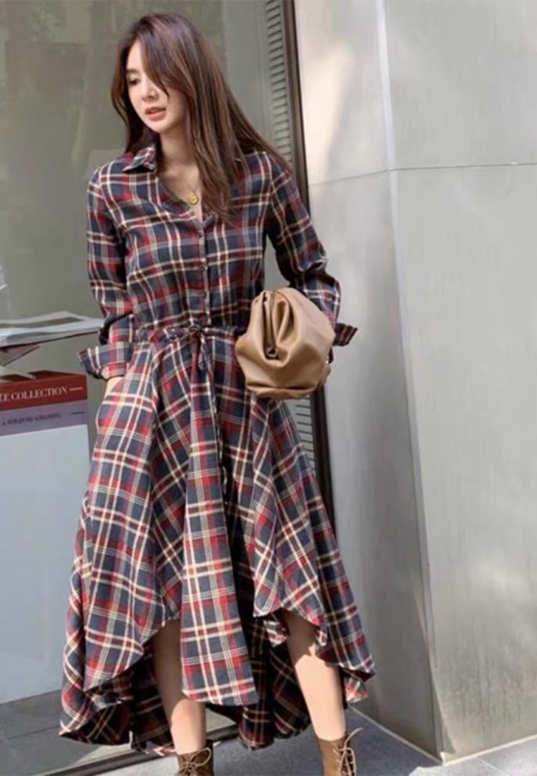 New elegant long-sleeved plaid dress CA25091539