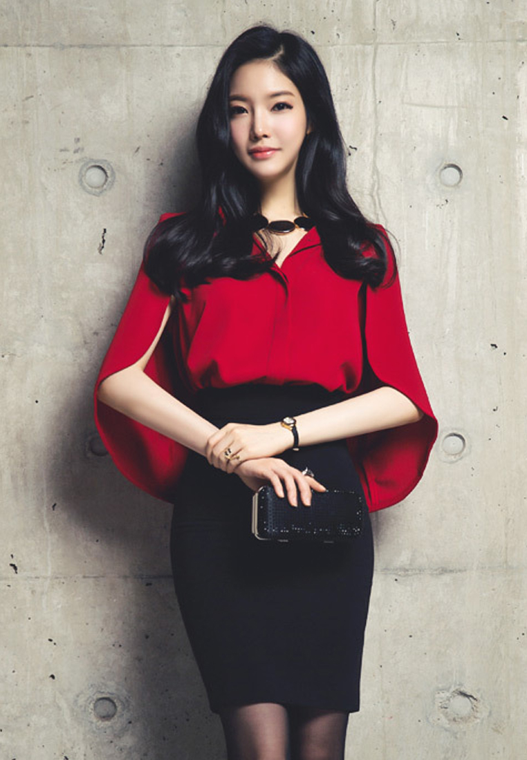 Red Chiffon Cape Shawl Button Down Top A083118