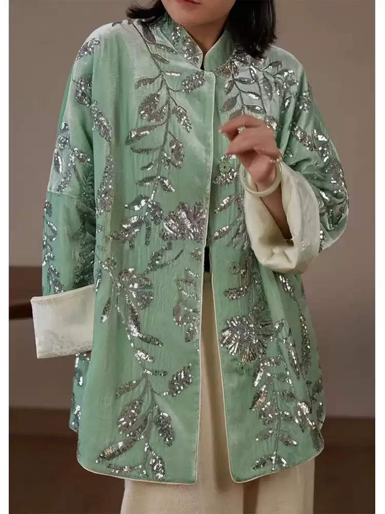 New Retro Elegant sequin embroidery green velvet jacket K26012002