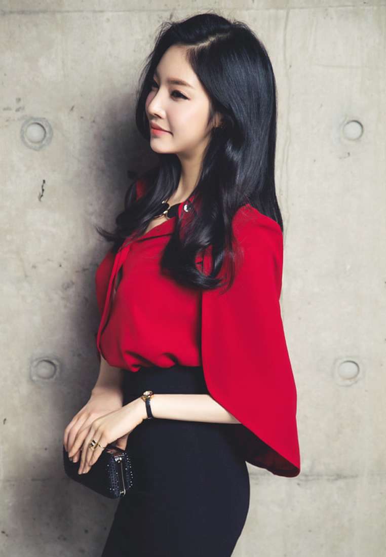 Red Chiffon Cape Shawl Button Down Top A083118