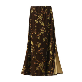 New Retro Brown printed velvet midi skirt for women K26012011