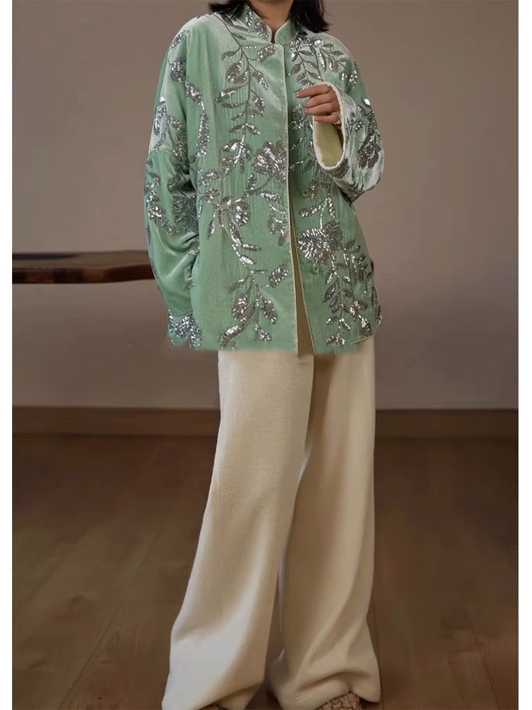 New Retro Elegant sequin embroidery green velvet jacket K26012002