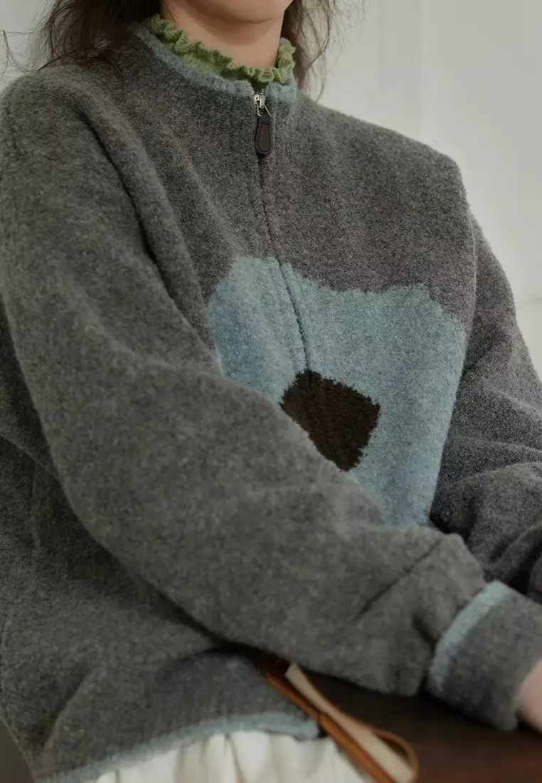 Retro style new flower pattern zipper knitted sweater jacket Cardigan K120302GY