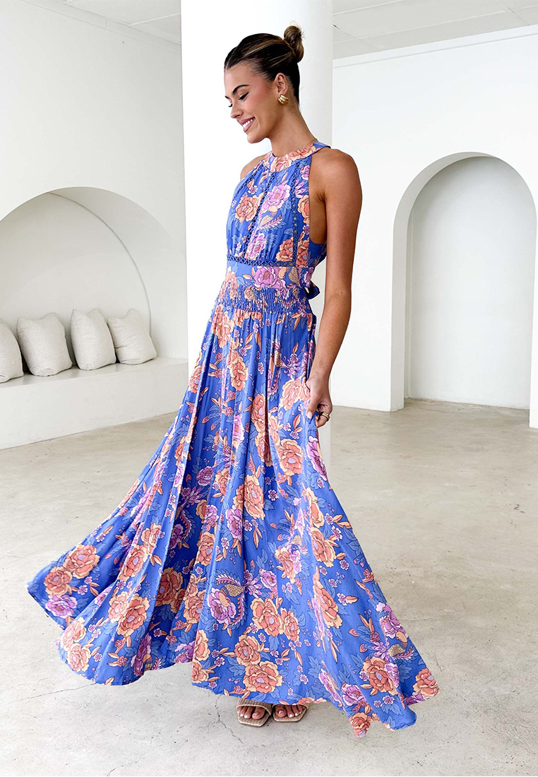 Printed high waisted backless floral dress CA25042269BL