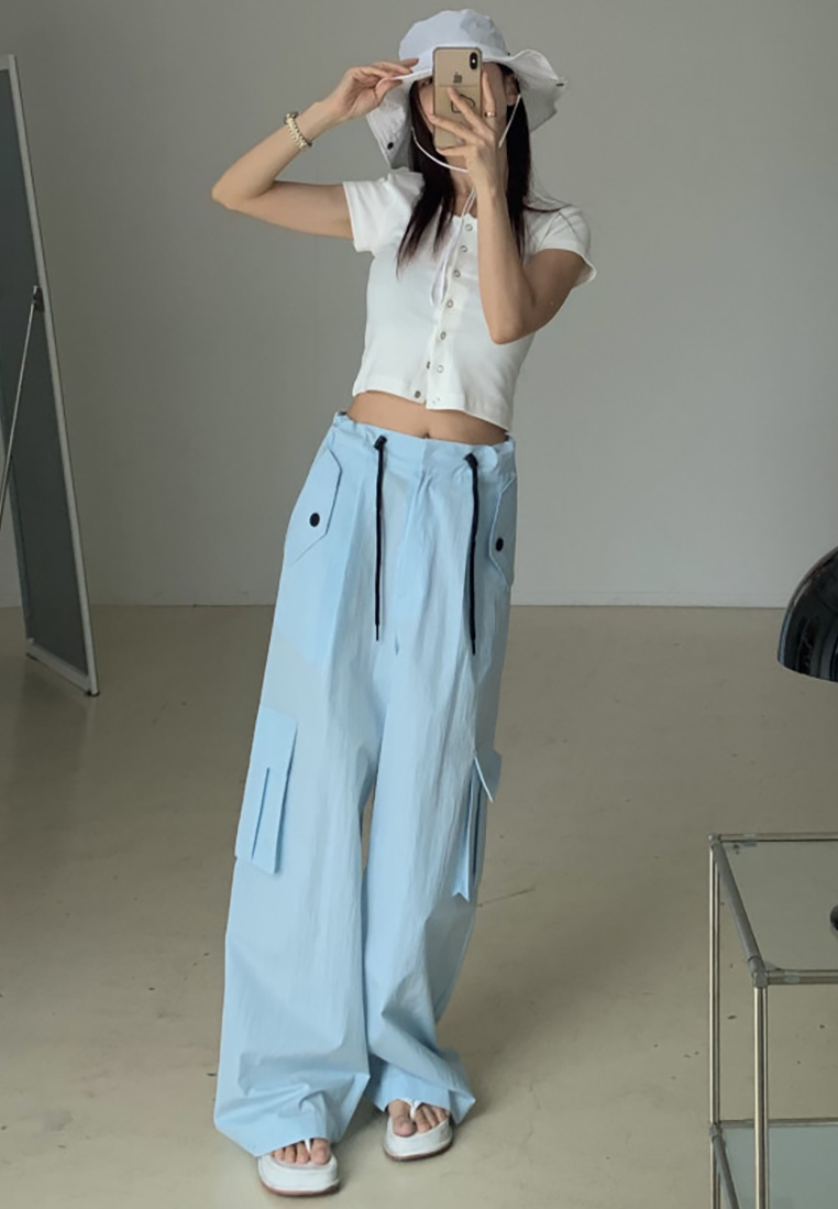 2025 Spring Large Pocket Drawstring Wide Leg Straight Pants CA25022411BL