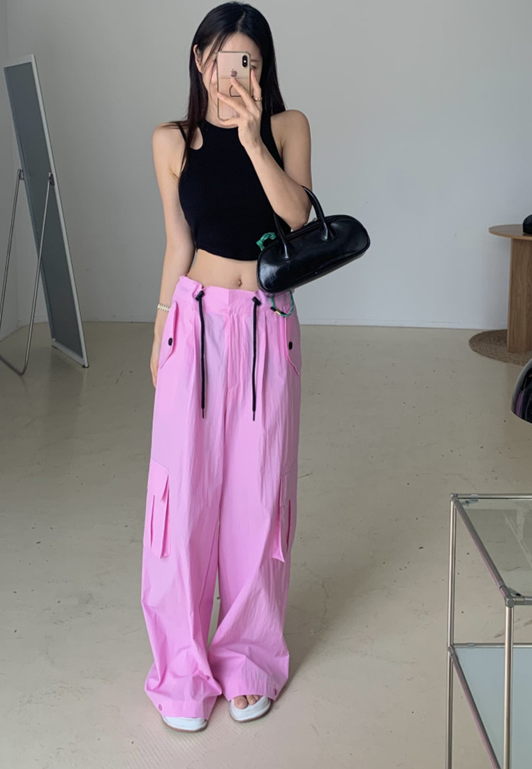 2025 Spring Large Pocket Drawstring Wide Leg Straight Pants CA25022411BL