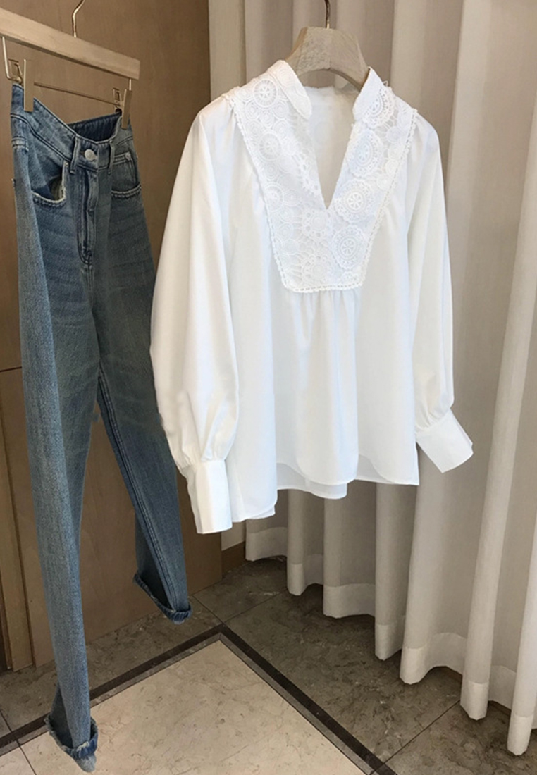 French court style heavy industry embroidered lace thin shirt CA110211