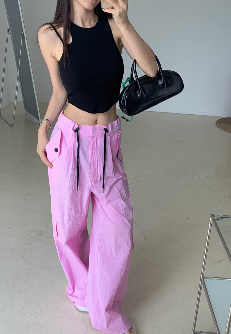 2025 Spring Large Pocket Drawstring Wide Leg Straight Pants CA25022411BL