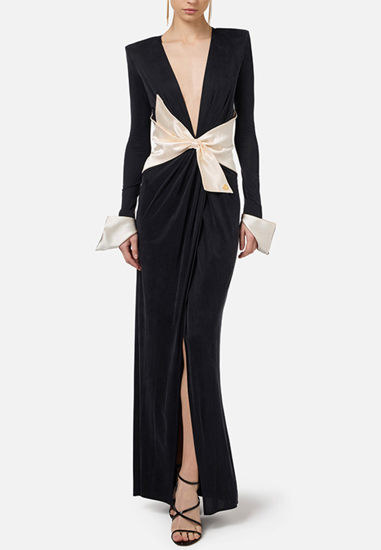 Stylish bow V-neck dress with temperament CA242111911BK