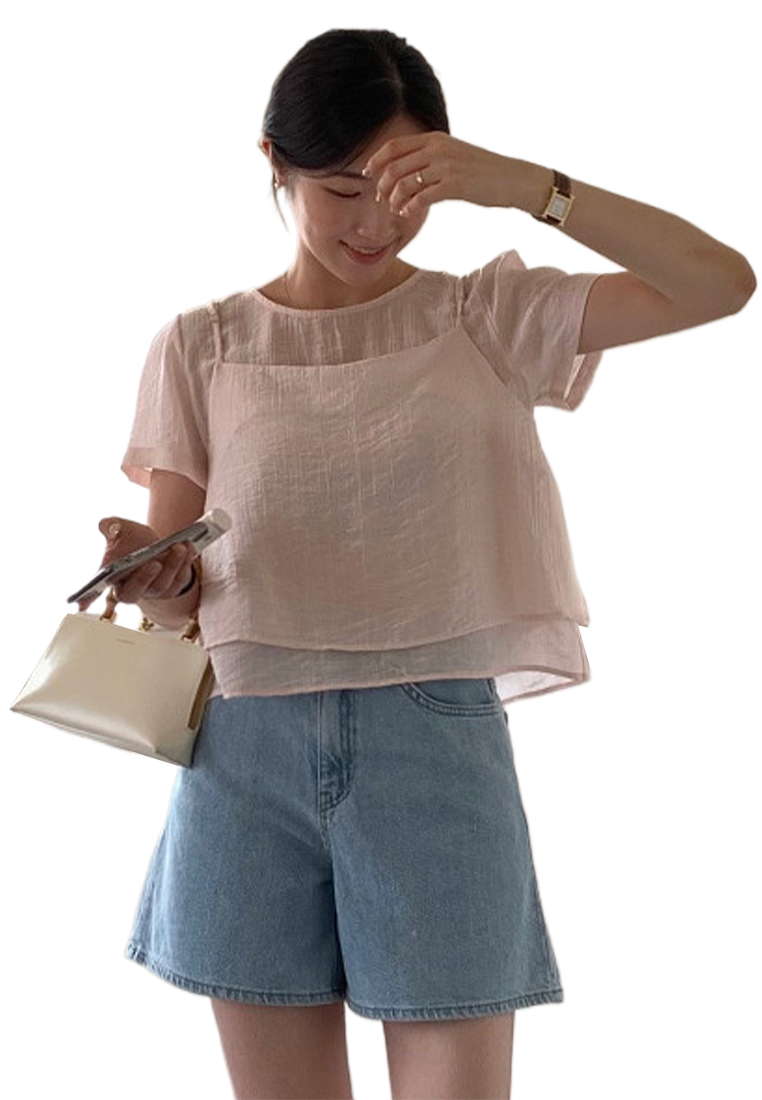 Summer Round Neck Bubble Sleeve Chiffon Top CA25042911BK