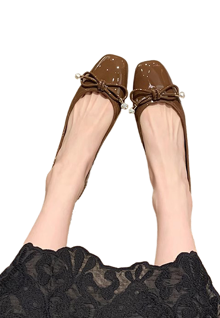 New square-toed bow-knot shallow pearl ballet leather shoes CA225042211SL