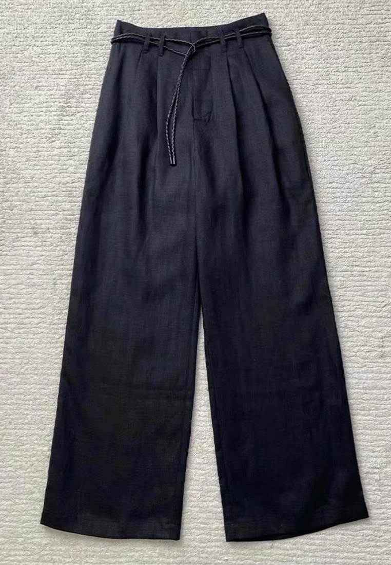 New Black Drawstring Linen Wide-leg Mop Pants CA25061711BK