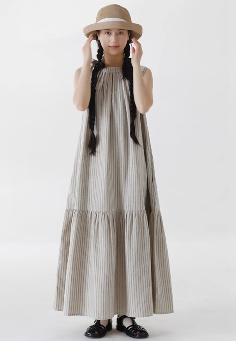 Summer cotton and linen small neckline fishtail dress CA25070911BW