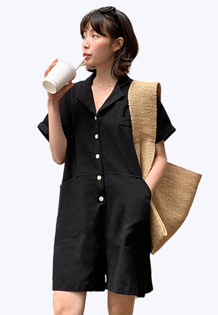 Retro loose casual short-sleeved jumpsuit CA25070911BK