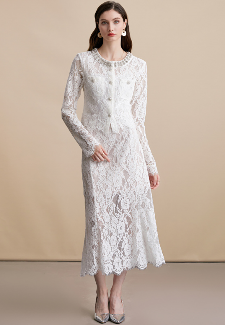 French Retro Lace Crochet Crystal-Collar Top and Mermaid Skirt Set CA25091511W