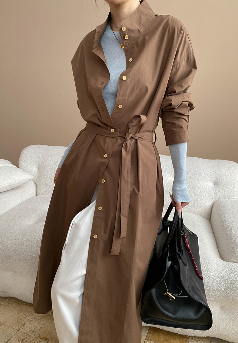 New tie waist long trench coat dress CA25092511BW